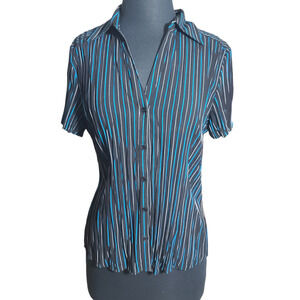 Fred David stretch button front blouse short sleeve striped sz M